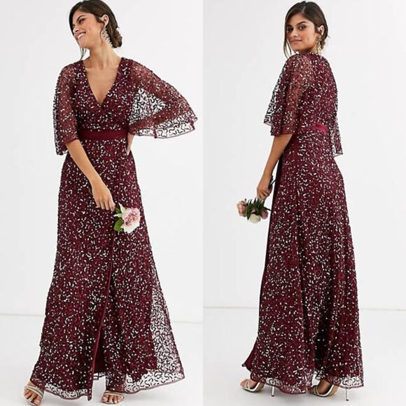 Maya Bridesmaid Delicate Sequin Wrap Maxi Dress in Wine Size 2 - Picture 1 of 13
